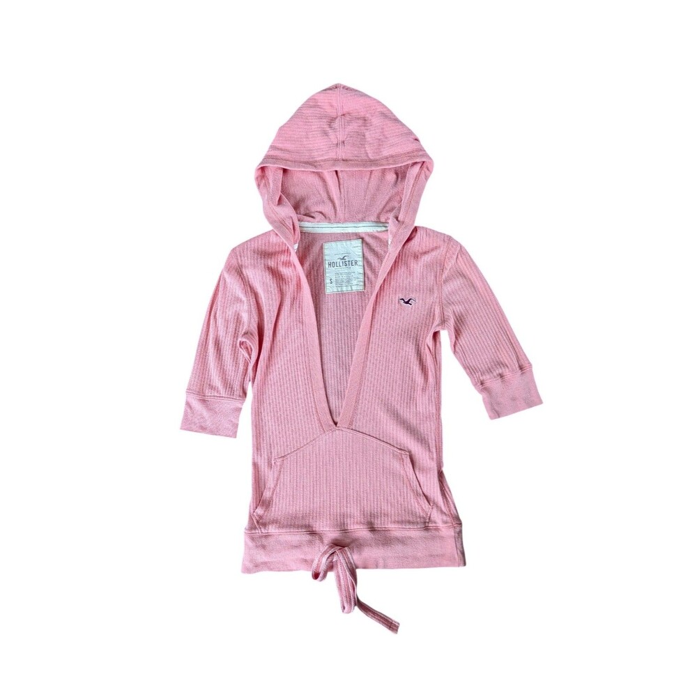 Vintage Y2K Hollister Ribbed Deep V-Neck Hooded Top Pink Kangaroo Pocket Size SM